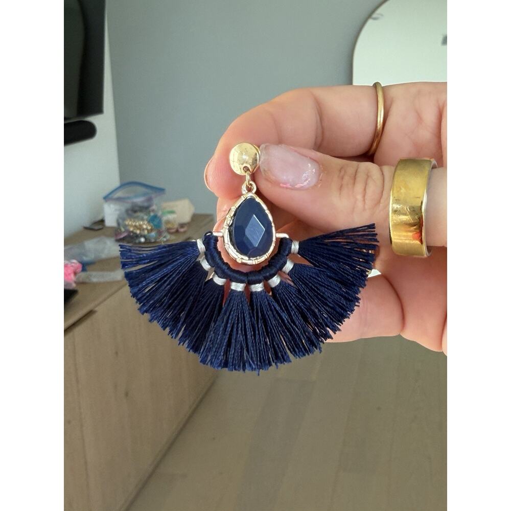 Navy Blue Tassel Fan Earrings Gold Tone Boho Statement Fringe Earrings